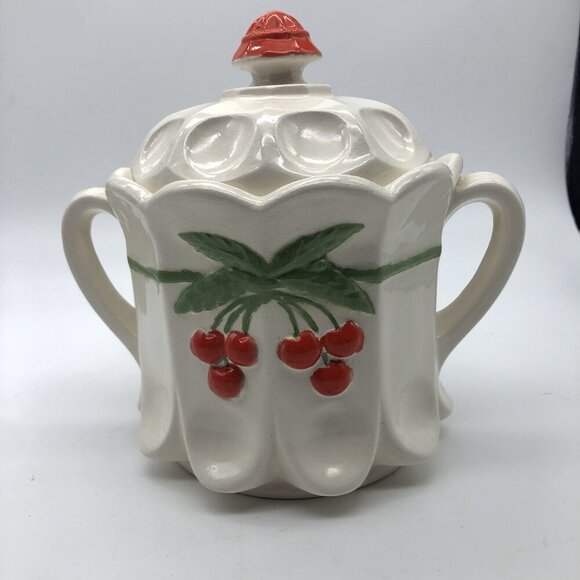 Vintage Westmoreland Hand Painted Cherry Thumbprint Panel Cookie Jar With Lid - Picture 8 of 13